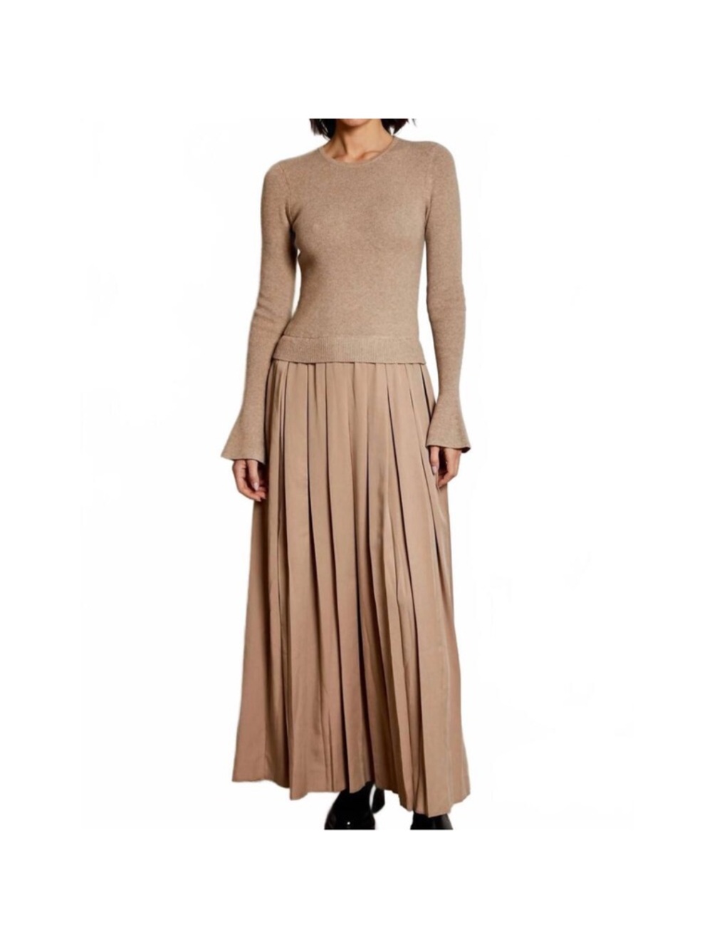 dh NEW YORK Beige Long Sleeve Knit Top with Pleated Maxi Skirt